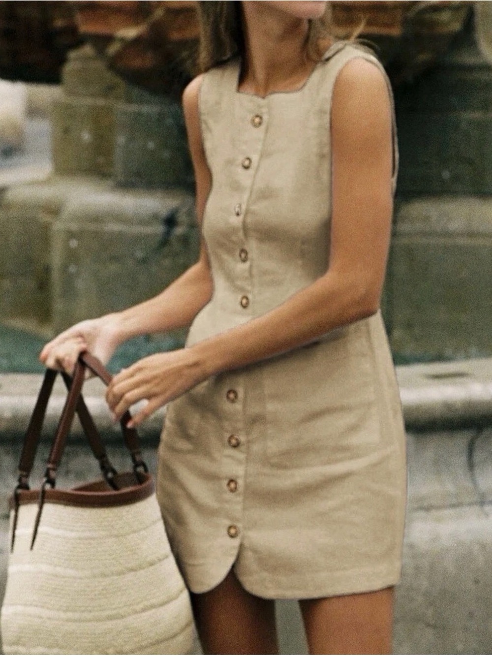 🪷 Commense Cotton Button-Front Short Dress Khaki Beige XS True To Size